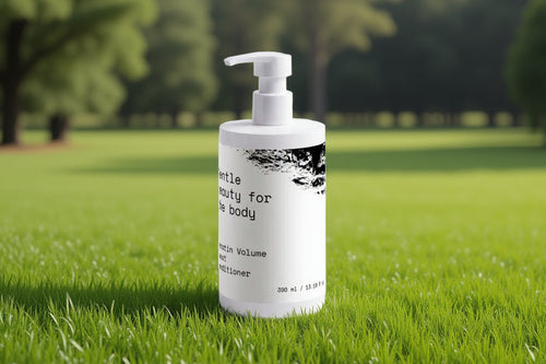 White bottle with black text on a white background