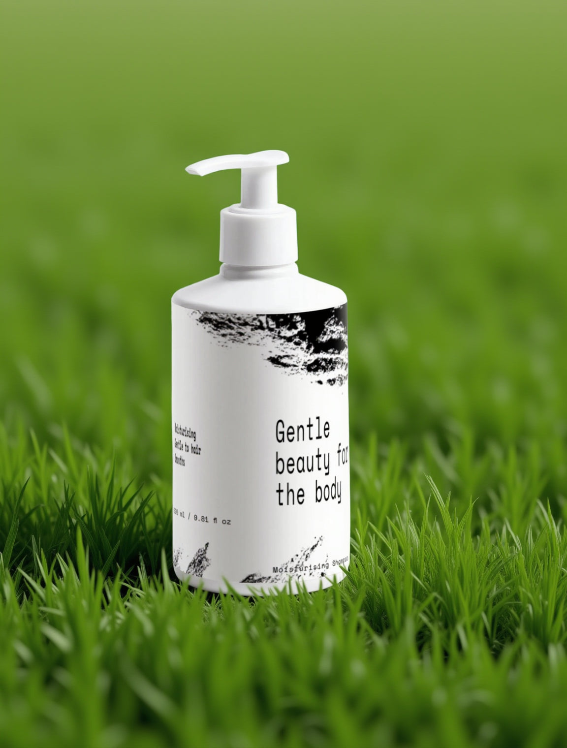 White bottle with black text on a white background