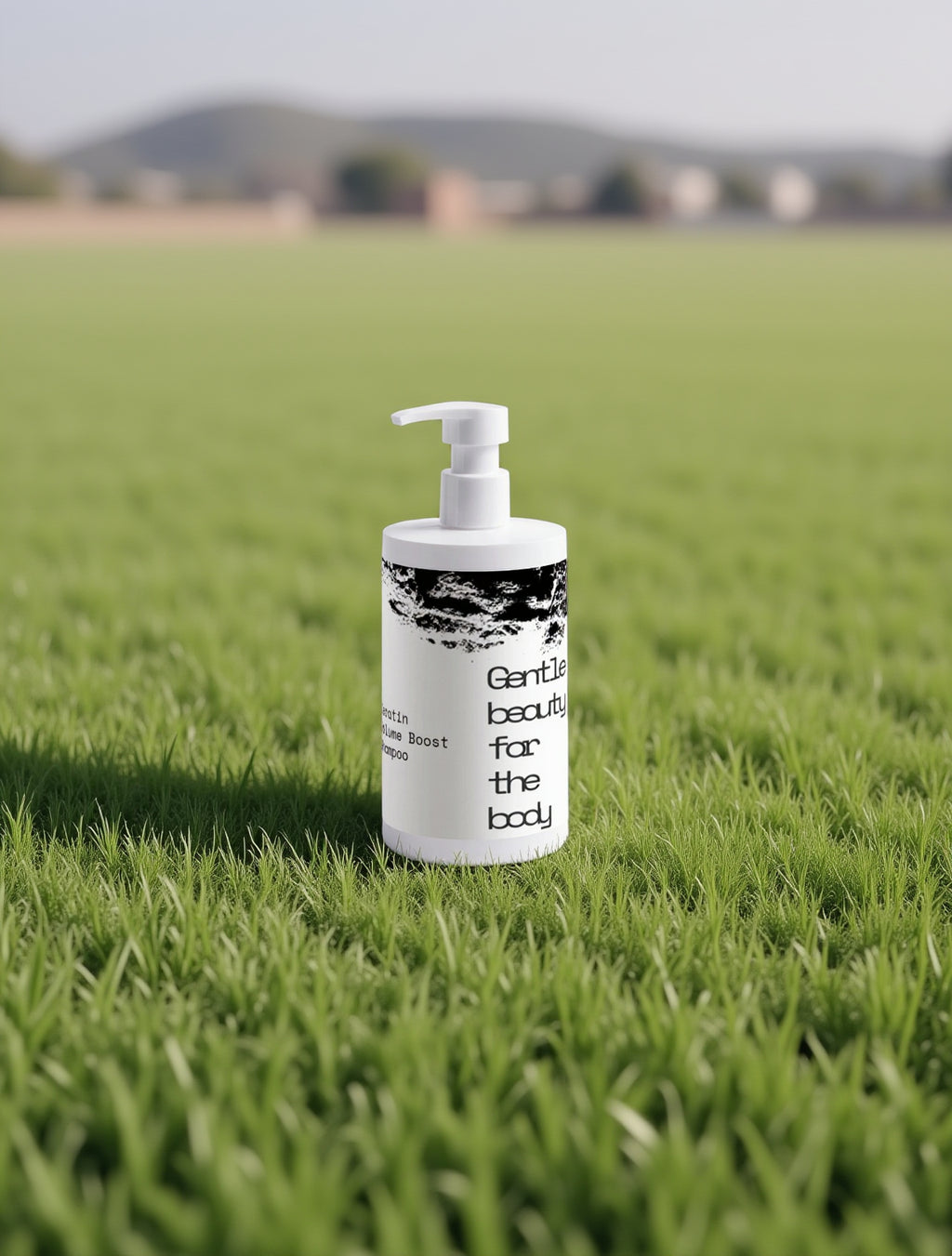 White bottle with black text on a white background