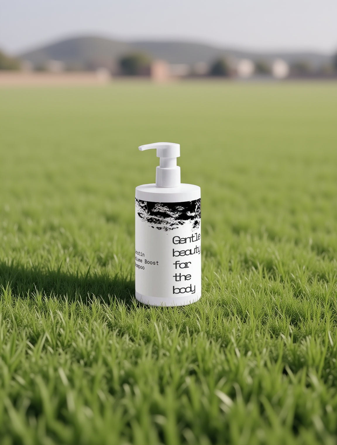 White bottle with black text on a white background